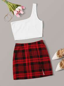 SHEIN One-Shoulder Crop Top & Plaid Vented Mini Skirt Set - Multicolor - View 1