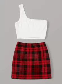 SHEIN One-Shoulder Crop Top & Plaid Vented Mini Skirt Set - Multicolor - View 2