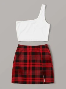 SHEIN One-Shoulder Crop Top & Plaid Vented Mini Skirt Set - Multicolor - View 4