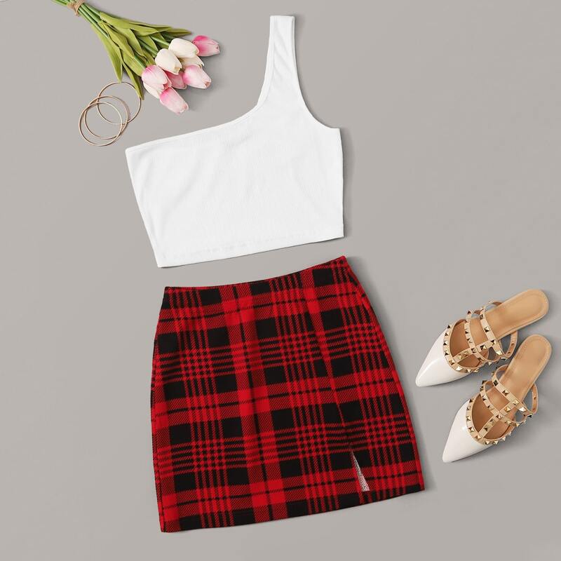 

One-Shoulder Crop Top & Plaid Vented Mini Skirt Set, Multicolor
