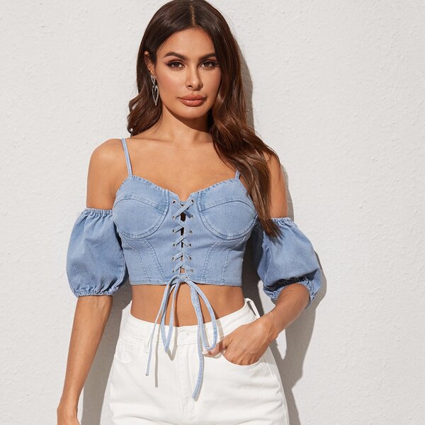 

Eyelet Lace Up Cold Shoulder Crop Denim Top, Blue pastel