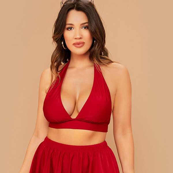 

Plus Solid Halter Bikini Top, Burgundy