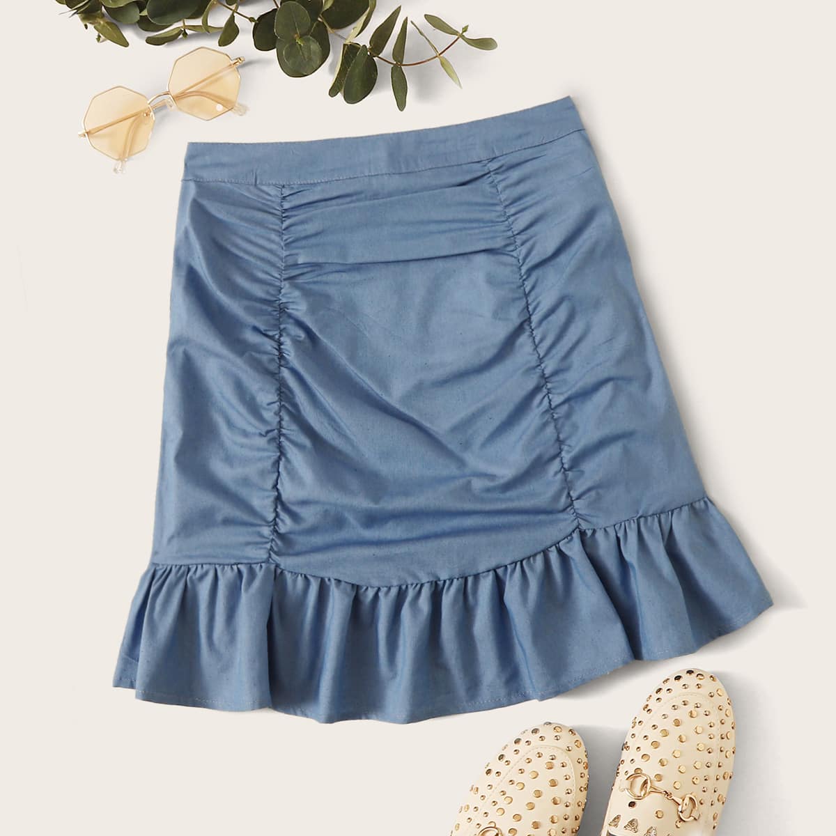 

Ruched Ruffle Hem Denim Skirt, Blue