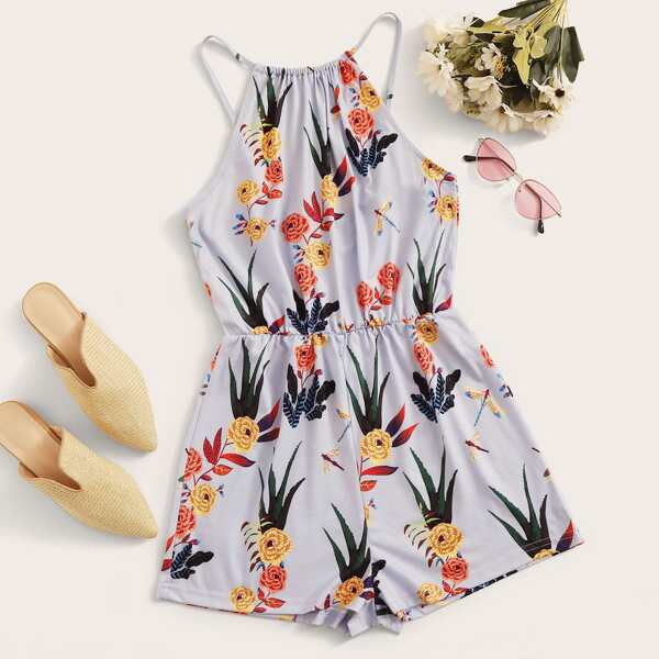 

Floral Tropical Print Cami Romper, Blue