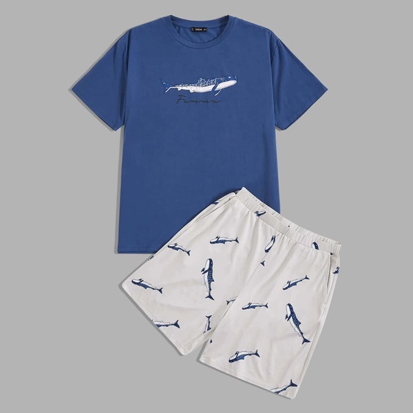 

Men Letter and Whale Print Tee and Shorts PJ Set, Multicolor