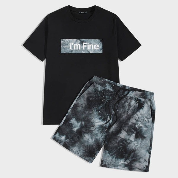 

Men Slogan Graphic Tee and Tie Dye Shorts Set, Multicolor