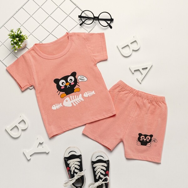 

Toddler Girls Cartoon Graphic Tee & Shorts, Pink