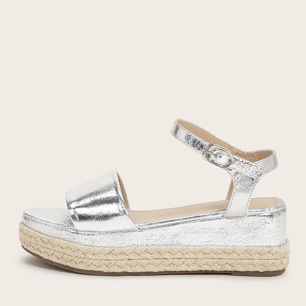

Metallic Ankle Strap Platform Wedges, Silver