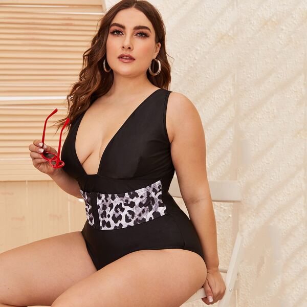 

Plus Leopard One Piece Swimsuit, Black