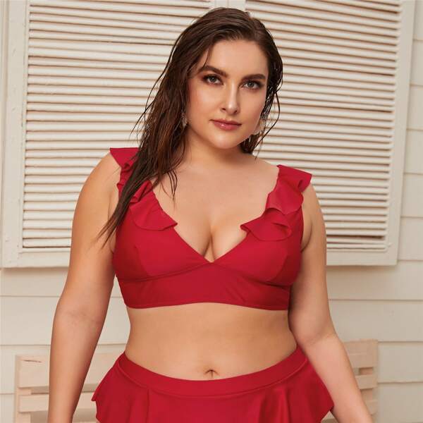 

Plus Ruffle Trim Bikini Top, Red