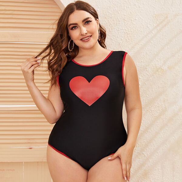 

Plus Heart Print Contrast Binding One Piece Swimsuit, Black