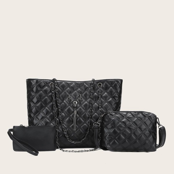 

3pcs Metal Elk Decor Quilted Tote Bag With Clutch Bag, Black