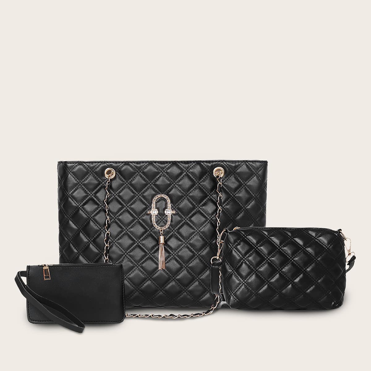 

3pcs Tassel Decor Quilted Tote Bag With Clutch Bag, Black