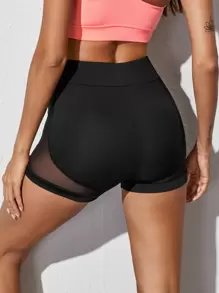 Yoga Sxy Mesh Panel High Waist Sports Shorts - Black - View 5