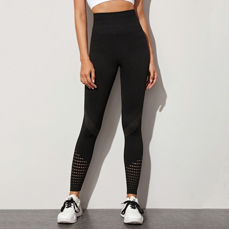 

Laser Cut Out Wide Waistband Sports Leggings, Black