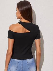 SHEIN Privé 鏤空肩羅紋針織t恤 - 黑色 - 查看 2