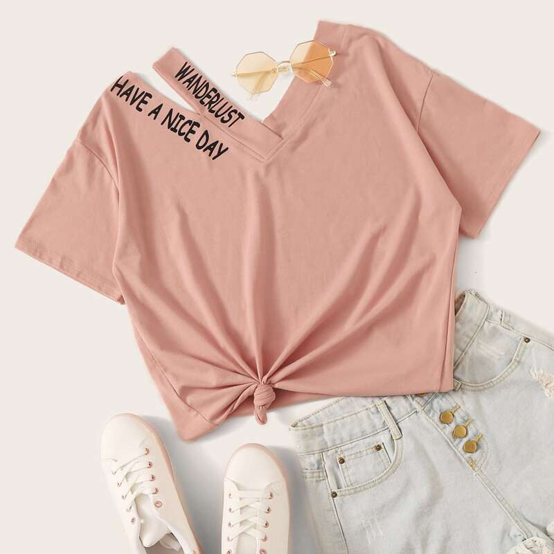 

Double V-Neck Cut Out Shoulder Slogan Graphic Top, Pink