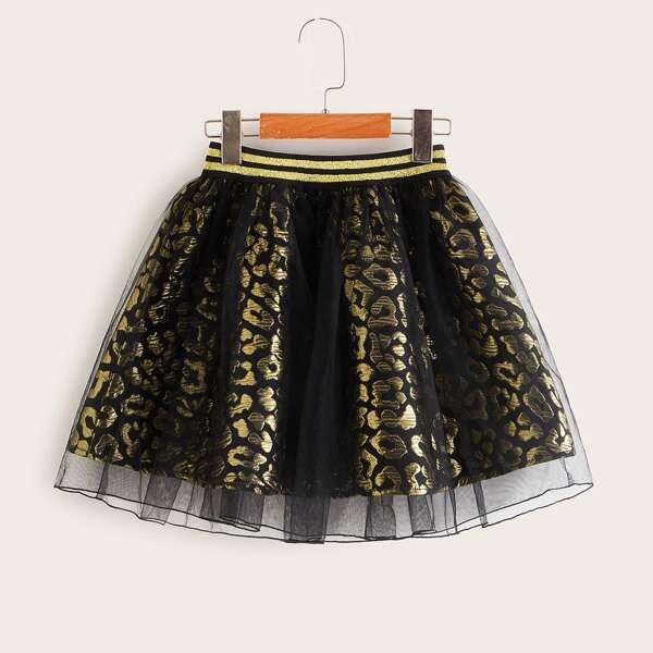 

Girls Glitter Striped Waist Mesh Overlay Gold Leopard Skirt, Multicolor