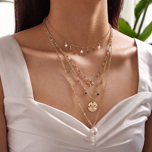 

1pc Star & Faux Pearl Charm Layered Necklace, Multicolor