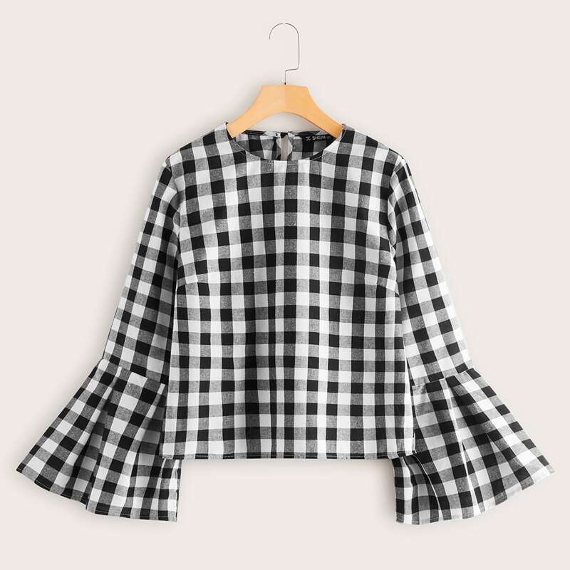 

Flounce Sleeve Buffalo Plaid Top, Black and white