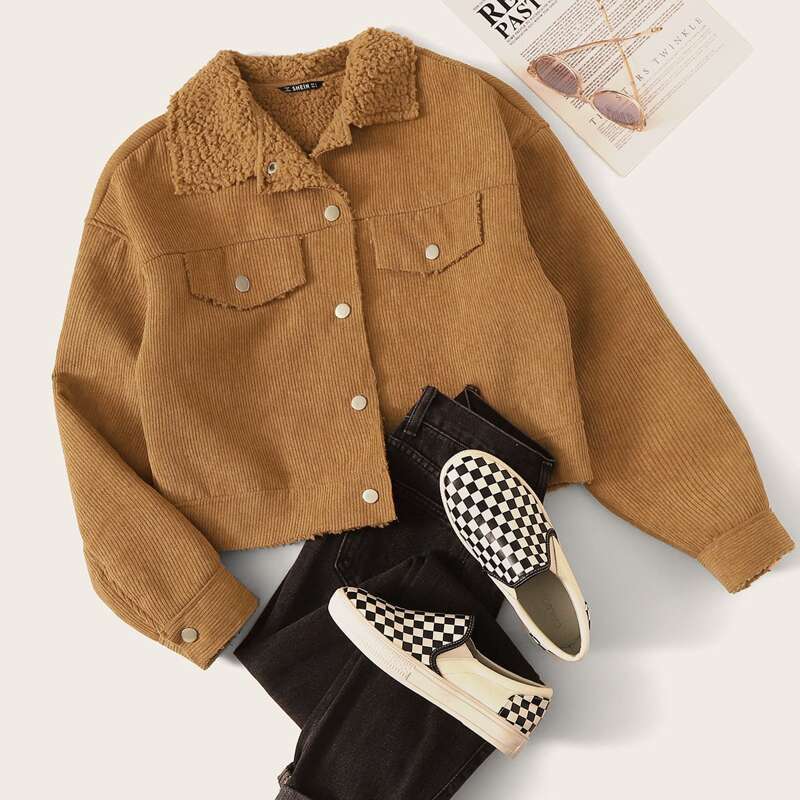 

Fleece Lined Button Up Cord Jacket, Camel