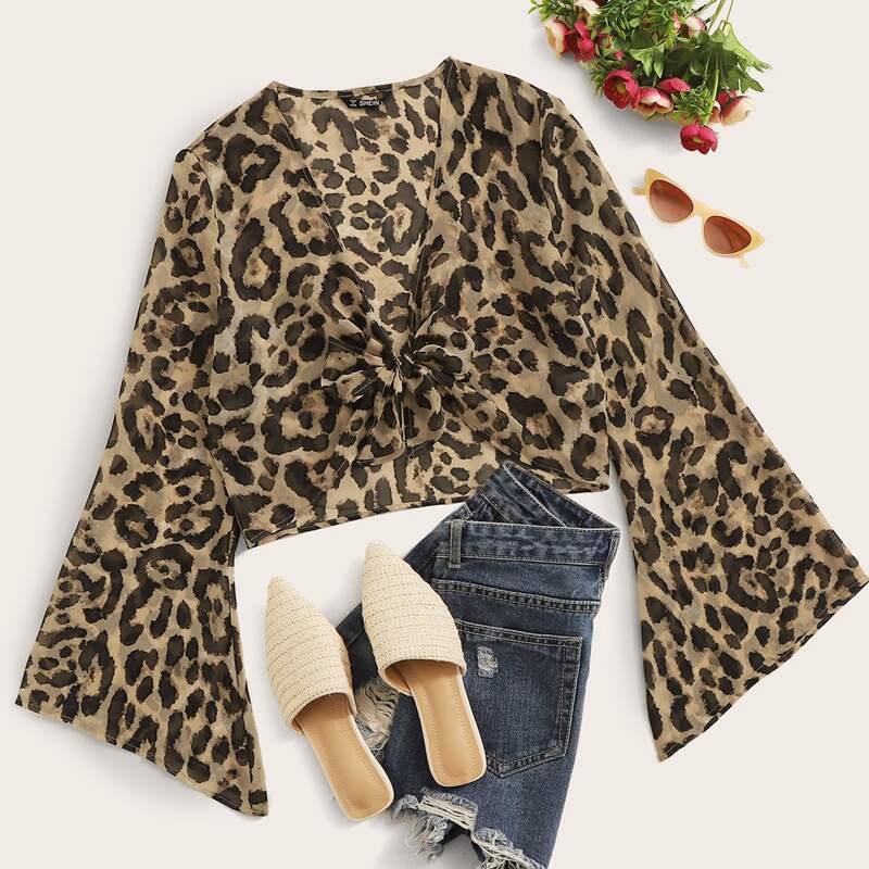 

Tie Front Bell Sleeve Leopard Top, Multicolor