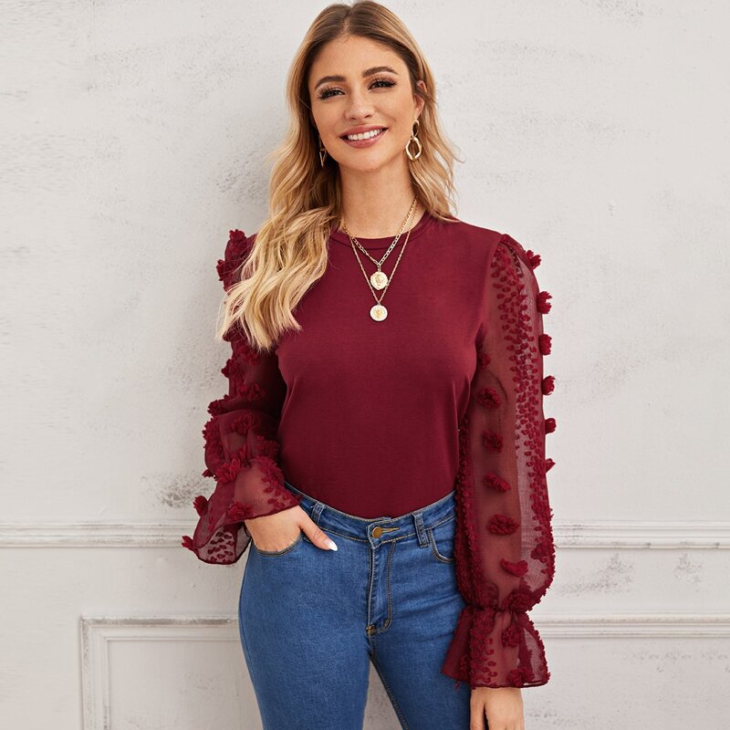 

Flounce Jacquard Sleeve Solid Top, Burgundy