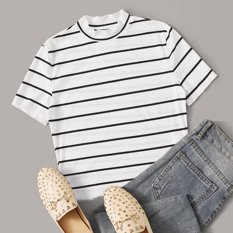 

Lettuce Edge Striped Rib-knit Tee, Black and white