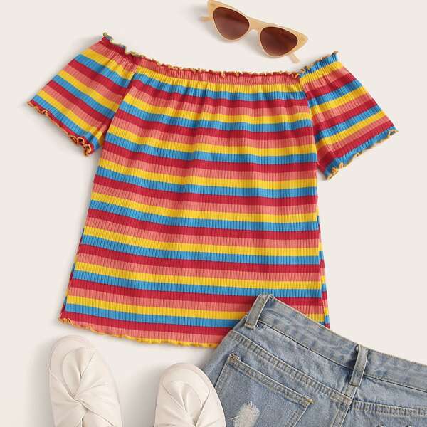 

Lettuce Edge Rainbow Striped Rib-knit Tee, Multicolor
