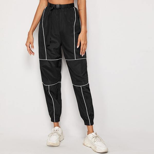 

Contrast Stitch Windbreaker Pants With Buckle Belt, Black