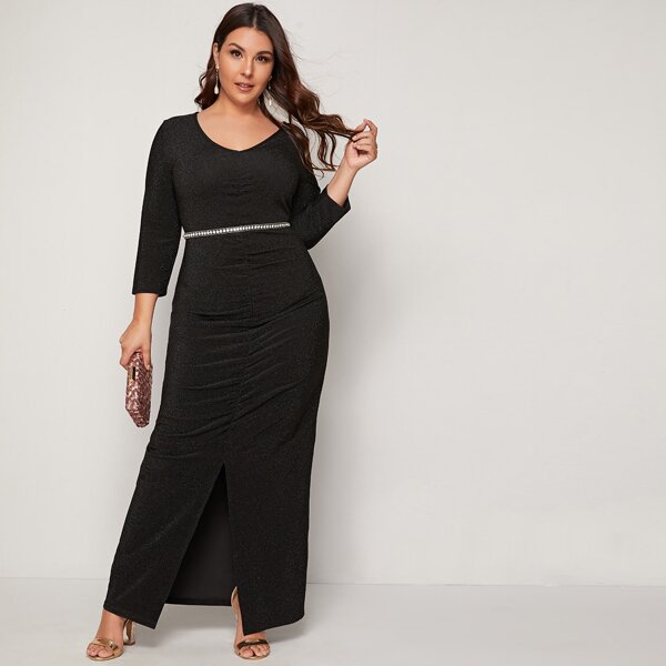 

Plus Ruched Split Hem Glitter Dress Without Belt, Black