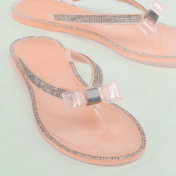 

Bow Detail Diamante Trim Jelly Thong Sandals, Apricot