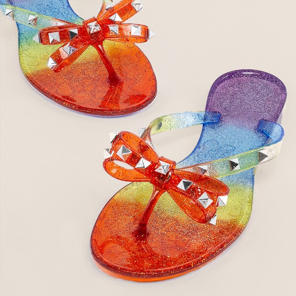 

Glitter Rainbow Ombre Studded Jelly Thong Sandals, Multicolor