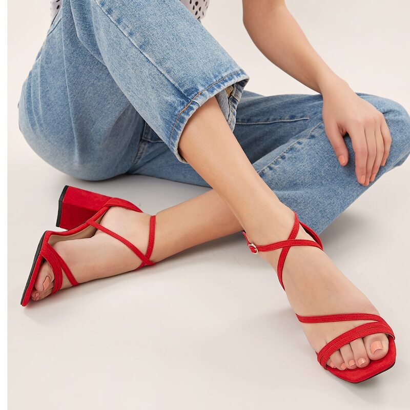 

Square Open Toe Strappy Block Heel Sandals, Red