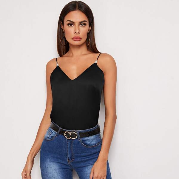 

Pearl Detail Satin Cami Top, Black