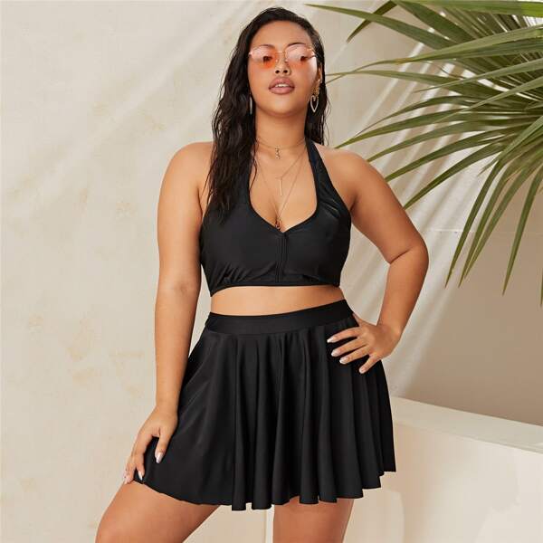 

Plus Halter Skort Bikini Swimsuit, Black
