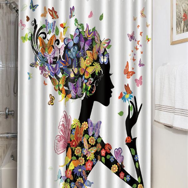 

Girl & Butterfly Pattern Shower Curtain With 12pcs Hook, Multicolor