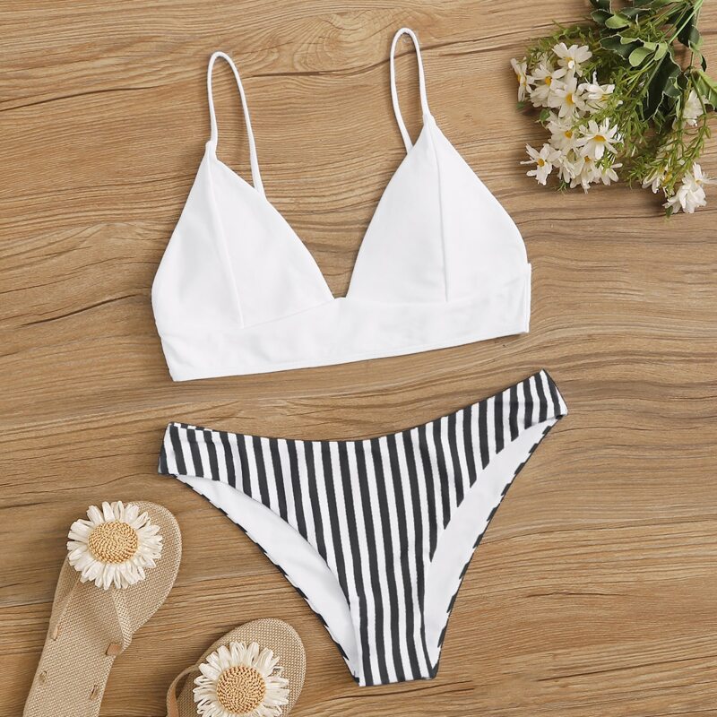 

Striped Seam Detail Bikini Swimsuit, Black and white