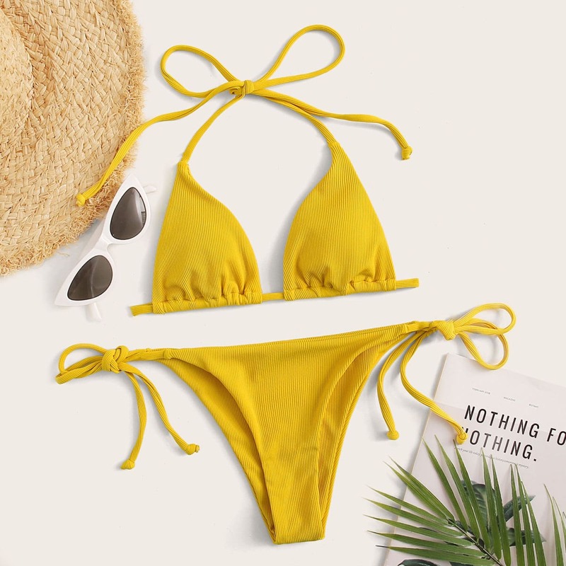 

Ribbed Self Tie Triangle Bikini Swimsuit, Yellow