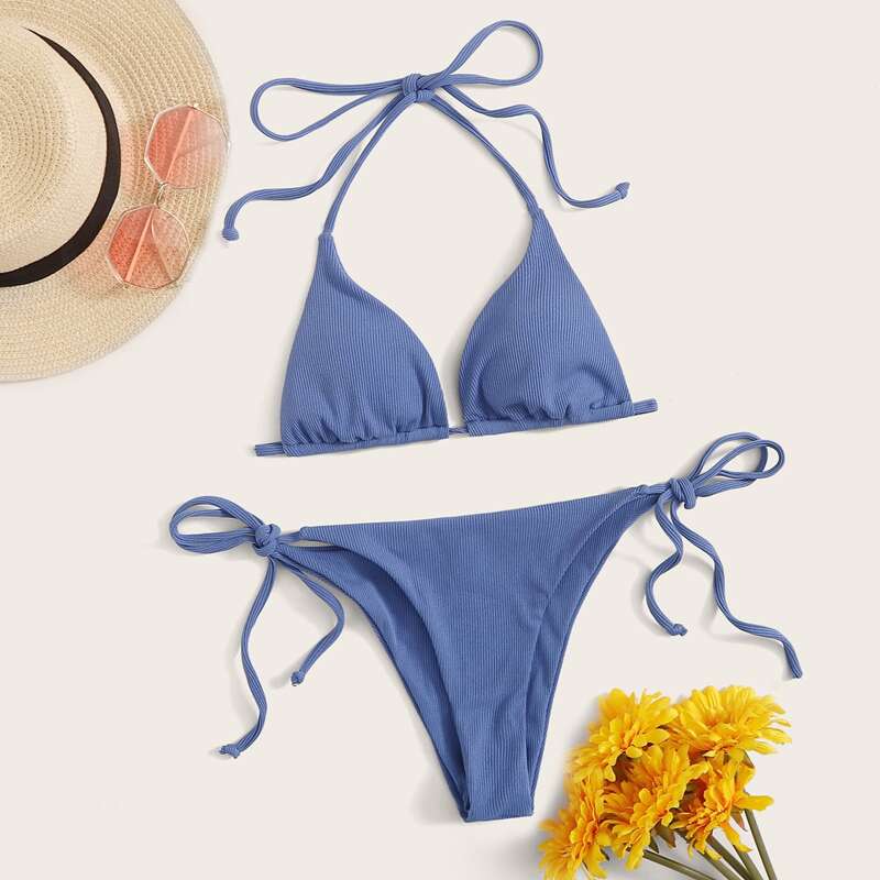 

Ribbed Triangle Tie Side Bikini Swimsuit, Blue