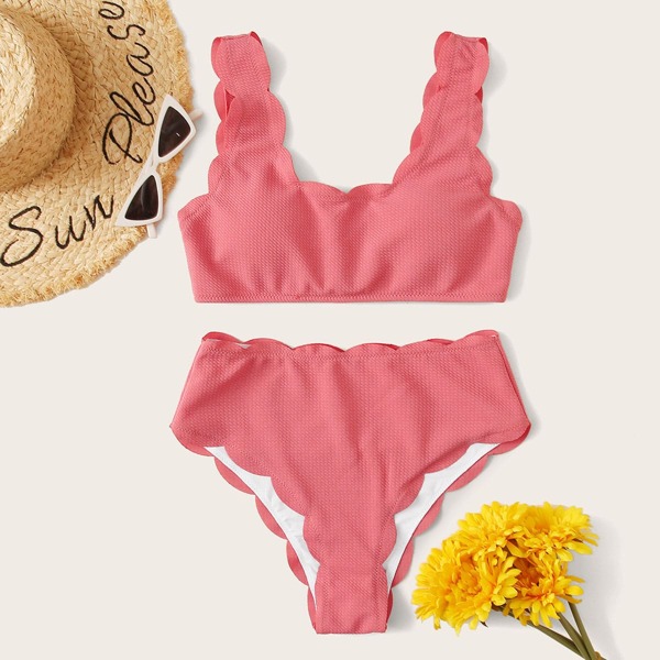 

Scallop Trim High Waisted Bikini Swimsuit, Pink