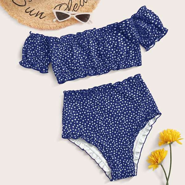 

Ditsy Floral Print High Waisted Bikini Swimsuit, Navy blue