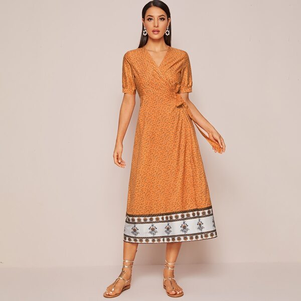 

Ditsy Floral Tie Side Wrap Dress, Orange