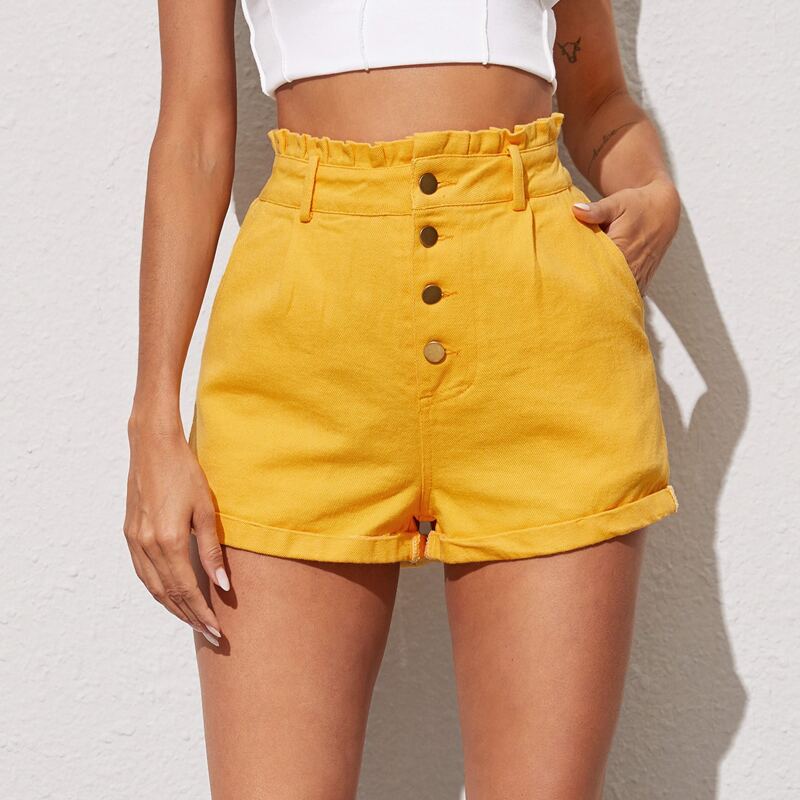 

Button Fly Paperbag Waist Solid Denim Shorts, Yellow