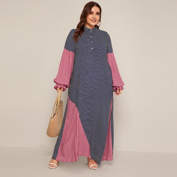 

Двухцветное платье размера плюс в клетку с рукавом фонарик, Тёмно-синие