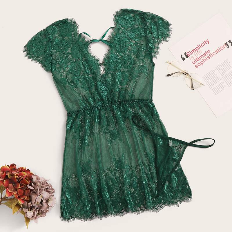 

Floral Lace Dress With Thong, Green