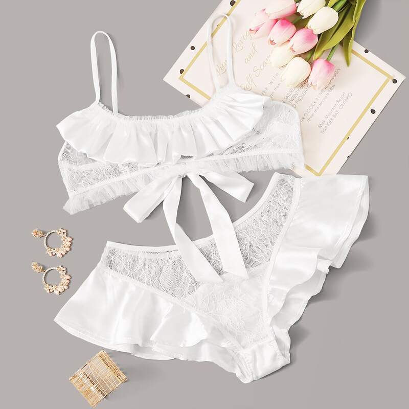 

Ruffle Trim Lace Lingerie Set, White