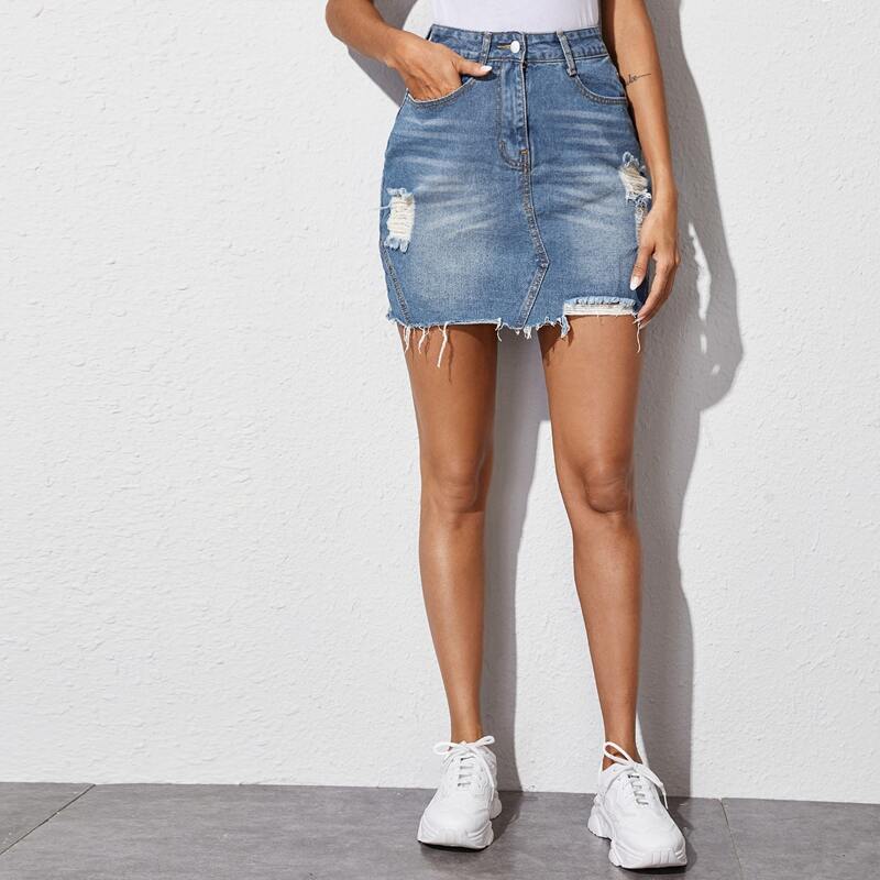 

Ripped Raw Hem Denim Skirt, Blue