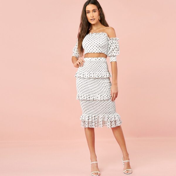 

Off Shoulder Shirred Polka Dot Top & Layered Ruffle Skirt Set, White