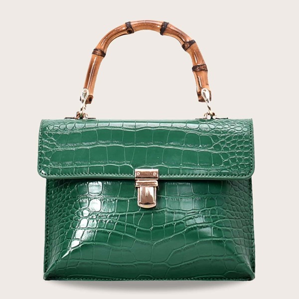 

Croc Embossed Push Lock Satchel Bag, Green